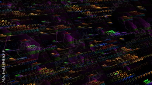 Quantum computer futuristic technology digital dimension holographic process and analysis for big data and abstract orange zone polygon background