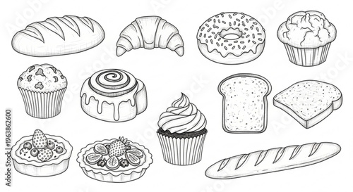 Assorted baked goods and desserts including bread pastries muffins and cupcakes on a white background