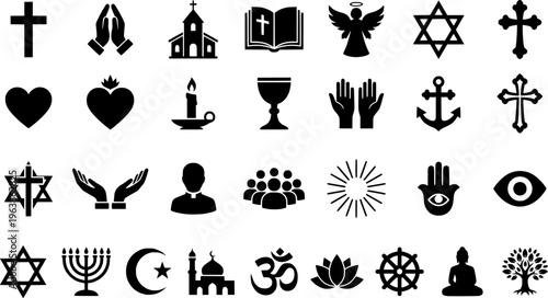 Christian religion line icon set. Faith concept. Holy bible book, spirituality, worship, prayer, church symbols

