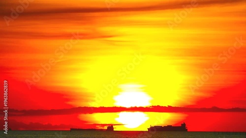 Dramatic Sunset Over the Sea with Cargo Ship Silhouetted Against Vibrant Colors of Sky