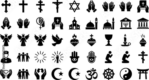 Christian religion line icon set. Faith concept. Holy bible book, spirituality, worship, prayer, church symbols

