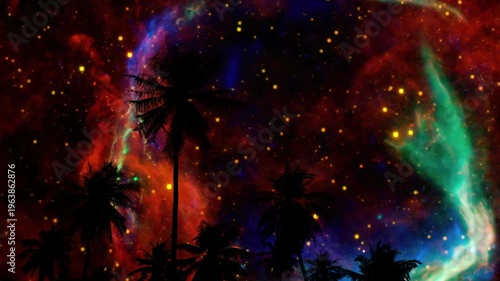 Vibrant Cosmic Silhouette of Palm Trees Against a Colorful Galaxy Background at Night