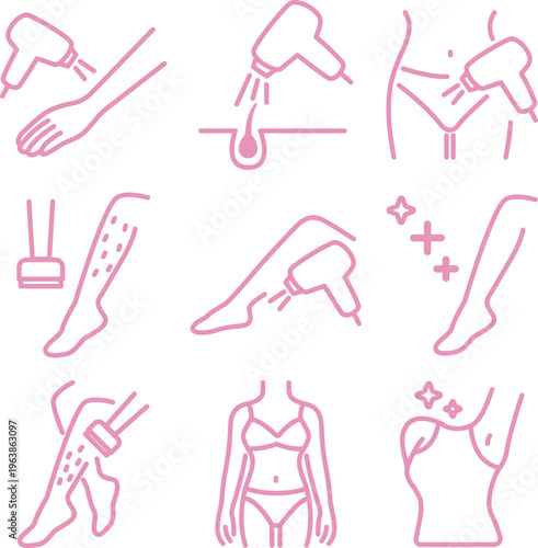 Vector icons for laser hair removal process including legs, arms, and underarms.