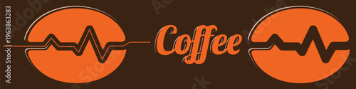 Vector illustration linking coffee to energy and vitality. Coffee bean icon combined with pulse rhythm line inside orange circular elements. Editable design on dark background.