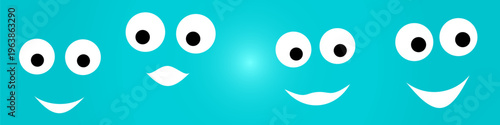 Minimalist vector illustration with four stylized smiling faces on a bright blue background. Each face shows a different smile type from subtle to wide grin.