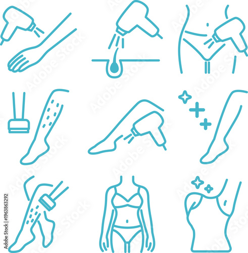 Vector icons for laser hair removal process including legs, arms, and underarms.