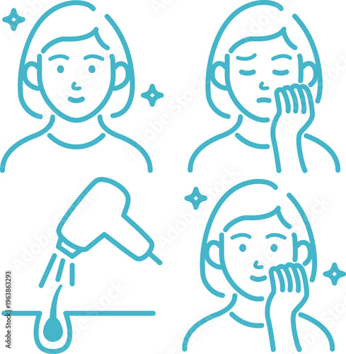 Hair removal and skin care icon set with female character illustrations.