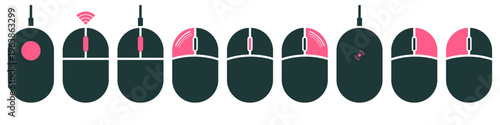 Sequence of 9 minimalist icons showing different types of computer mice from wired to wireless with various button layouts and scroll wheels. Dark grey bodies with pink accents.