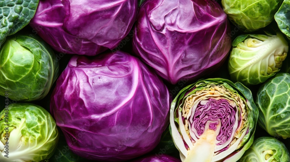 Obraz premium Vibrant Red Cabbage Heads and Half