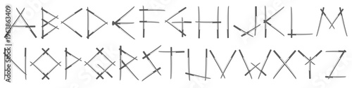 Black and white alphabet made of katana swords with uppercase letters. Editable vector set isolated on white background for design and typography.
