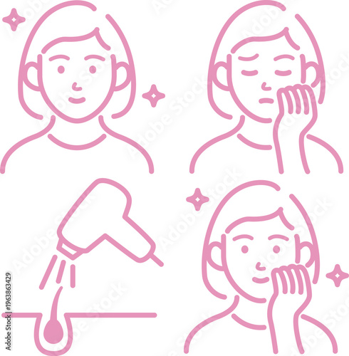 Hair removal and skin care icon set with female character illustrations.