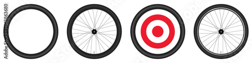 Set of bicycle wheels with tire, rim, spokes and target symbol. Editable vector illustration isolated on white background for cycling and design.