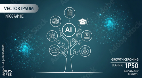 Artificial intelligence infographic template with tree of icons on dark blue background for business learning and growth