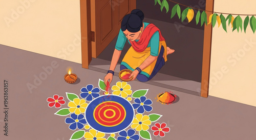 Woman creating traditional indian rangoli design at home entrance with flowers and diyas