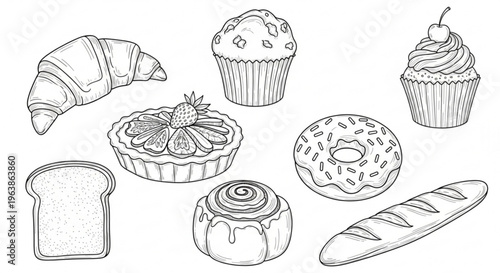 Assorted bakery products including croissant muffins cupcakes bread and pastries on a clean background