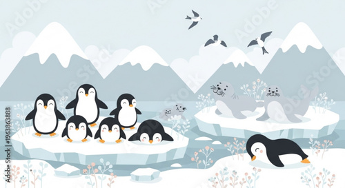Cute penguin family on ice floes with seals and birds in a snowy arctic landscape charming flat vector illustration for childrens books and winter themes