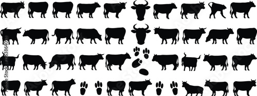 Black silhouettes of cows and bulls in various poses cattle livestock