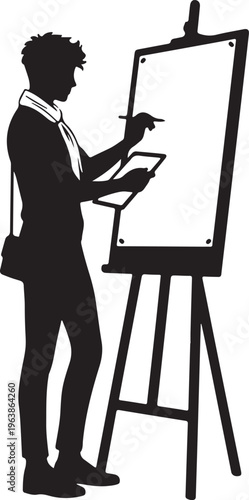 Silhouette of an Artist Working at an Easel with Blank Canvas on White