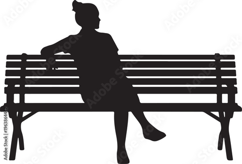 Silhouette of a woman sitting on a park bench, isolated on white background