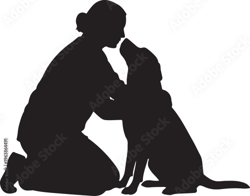 Silhouette of a woman kneeling and bonding with her dog isolated on white