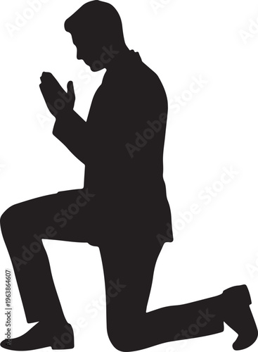 Silhouette of a Businessman Kneeling and Praying Isolated on White Background