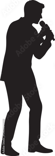 Silhouette of a Man in a Suit Singing into a Microphone on White Background