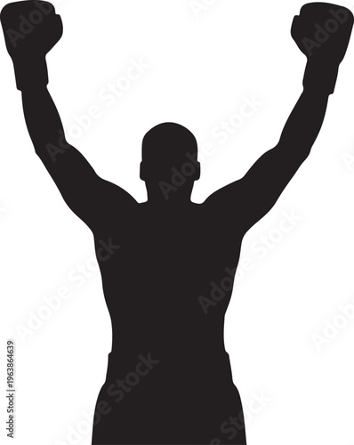 Silhouette of a Victorious Boxer Celebrating a Win with Arms Raised