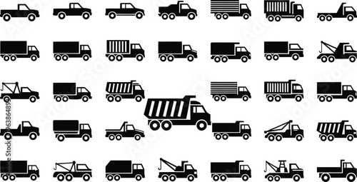 Collection of various truck and vehicle icons in black and white