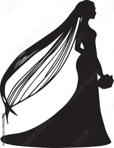 Elegant silhouette of a bride in a wedding dress with long flowing veil