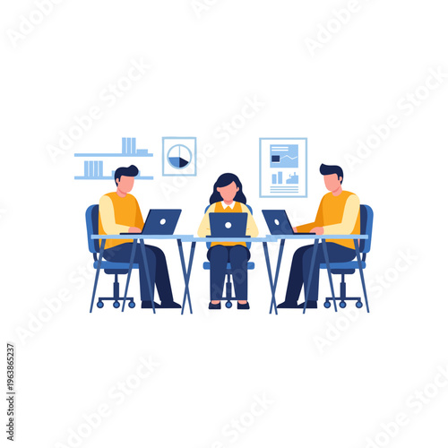 Three colleagues work together on laptops at a meeting table on white background
