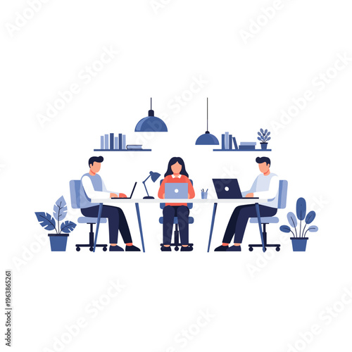Three colleagues work together in an office setting with laptops on white background