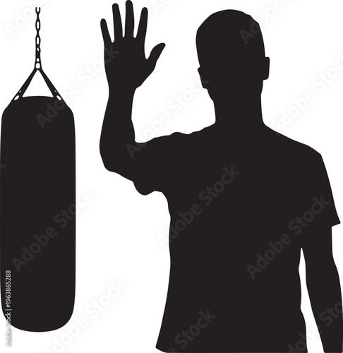 Silhouette of a man waving next to a punching bag on white background