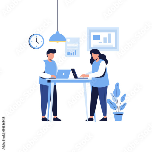 Two office colleagues working together on laptops at a desk on white background