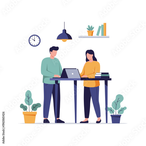 Two colleagues work together on laptops at a shared desk on white background. on white background