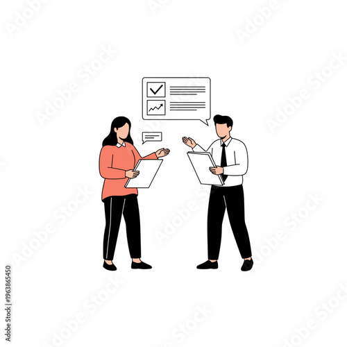 Business professionals discussing documents and data on laptops and papers on white background