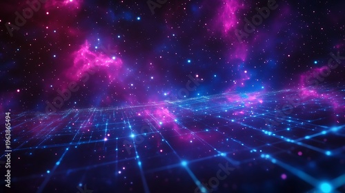 Abstract cosmic landscape with glowing nebulae and futuristic digital grid