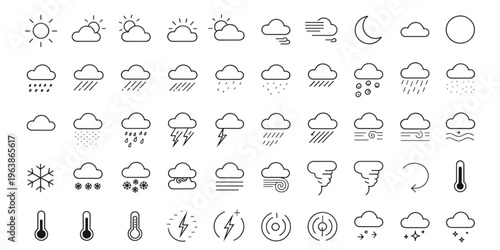 Extensive collection of outline weather icons, featuring various meteorological symbols for forecast, climate data, and digital interface design projects