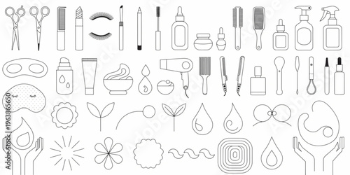 Minimalist outline vector icon set for beauty, personal care, and wellness. Features cosmetic, spa, and self-care symbols, ideal for graphic design and digital media