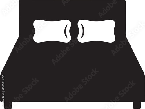 Double Bed Icon Silhouette with Two Pillows on White Background