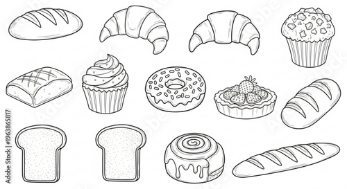Assorted bakery products including bread pastries and desserts on a clean white background