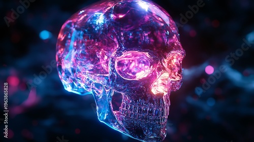 Abstract digital artwork of a glowing skull with vibrant blue and pink hues