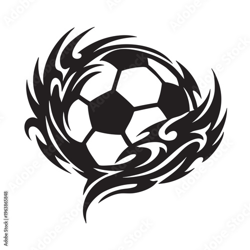 Flaming soccer ball silhouette with tribal fire swirls for sports team logo.