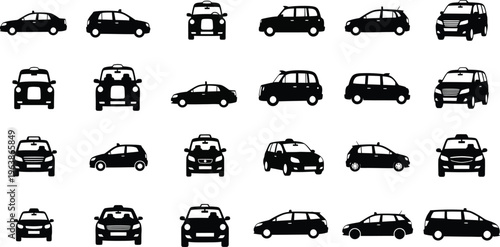 Collection of various vehicle silhouettes in different angles and perspectives