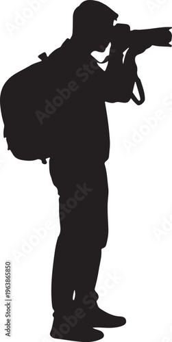 Silhouette of Photographer with DSLR Camera and Backpack Isolated on White