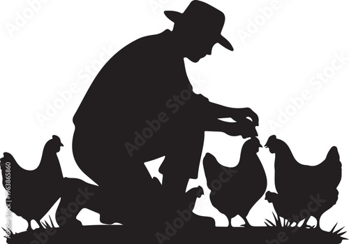 Silhouette of a Farmer Feeding Chickens on a White Background