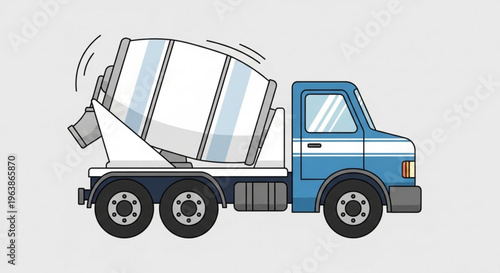 Blue concrete mixer truck illustration flat design vector graphic for construction industry and transportation concepts isolated on light gray background