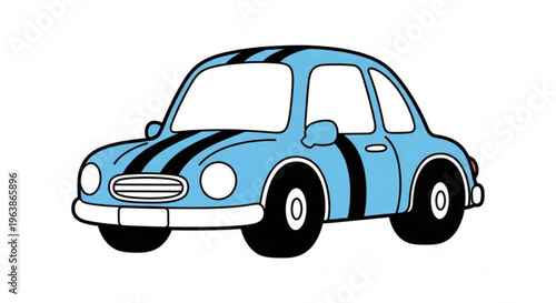 Cute blue cartoon car with black racing stripes simple vector illustration for childrens books and transportation concepts isolated on white
