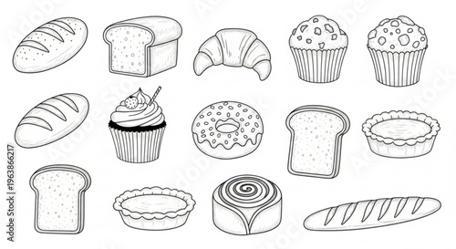 Assorted baked goods and desserts including bread muffins cupcakes and pastries illustrated in a line drawing style on a white background