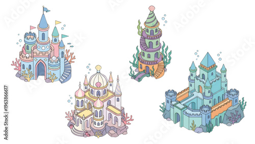 Isometric Mermaid Castle Vector Set 3D Underwater Fantasy Structures and Coral Palace Icons for Mobile Gaming UI and Nursery Wall Art