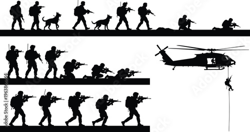 Military soldiers silhouette mega set with helicopter rappelling army dogs and infantry squad isolated on white background combat vector illustration.